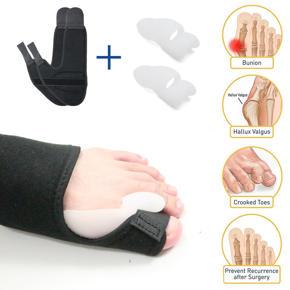 2pcs Soft Bunion Corrector Toe Separator Splint designed for foot care, featuring adjustable straps and soft materials for comfort.