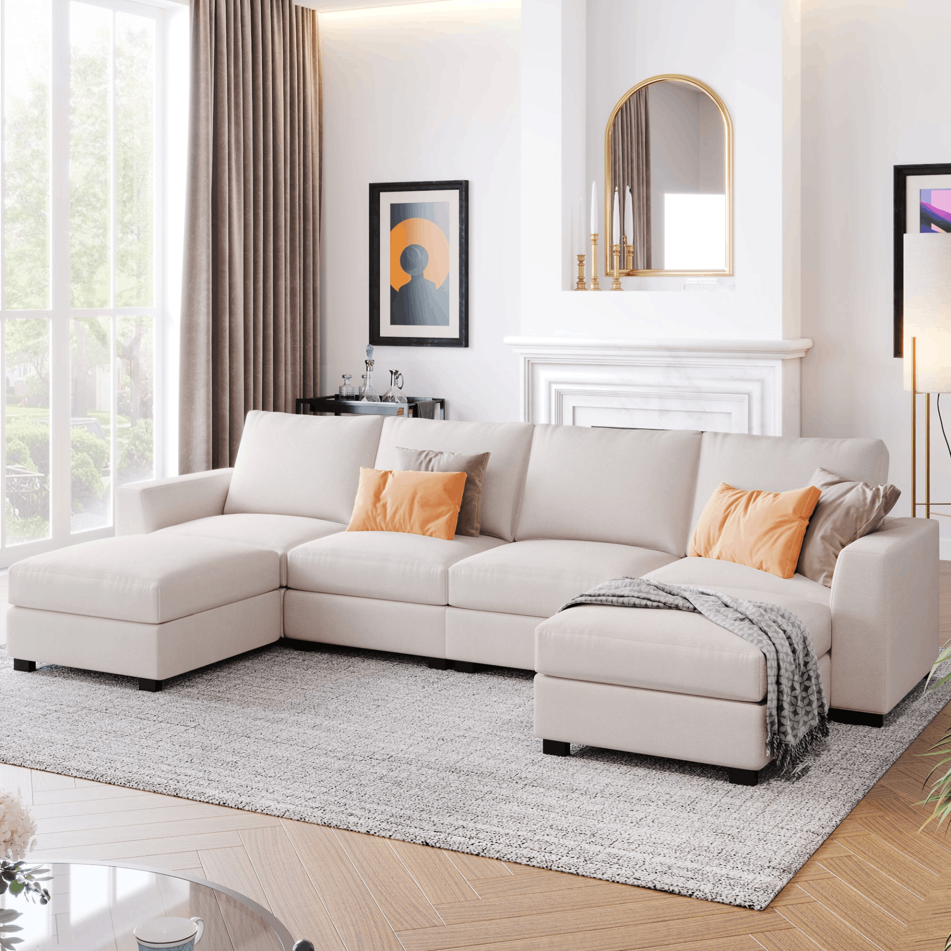 3 Pieces U shaped sofa in beige with removable ottomans, showcasing modern design and comfortable seating.