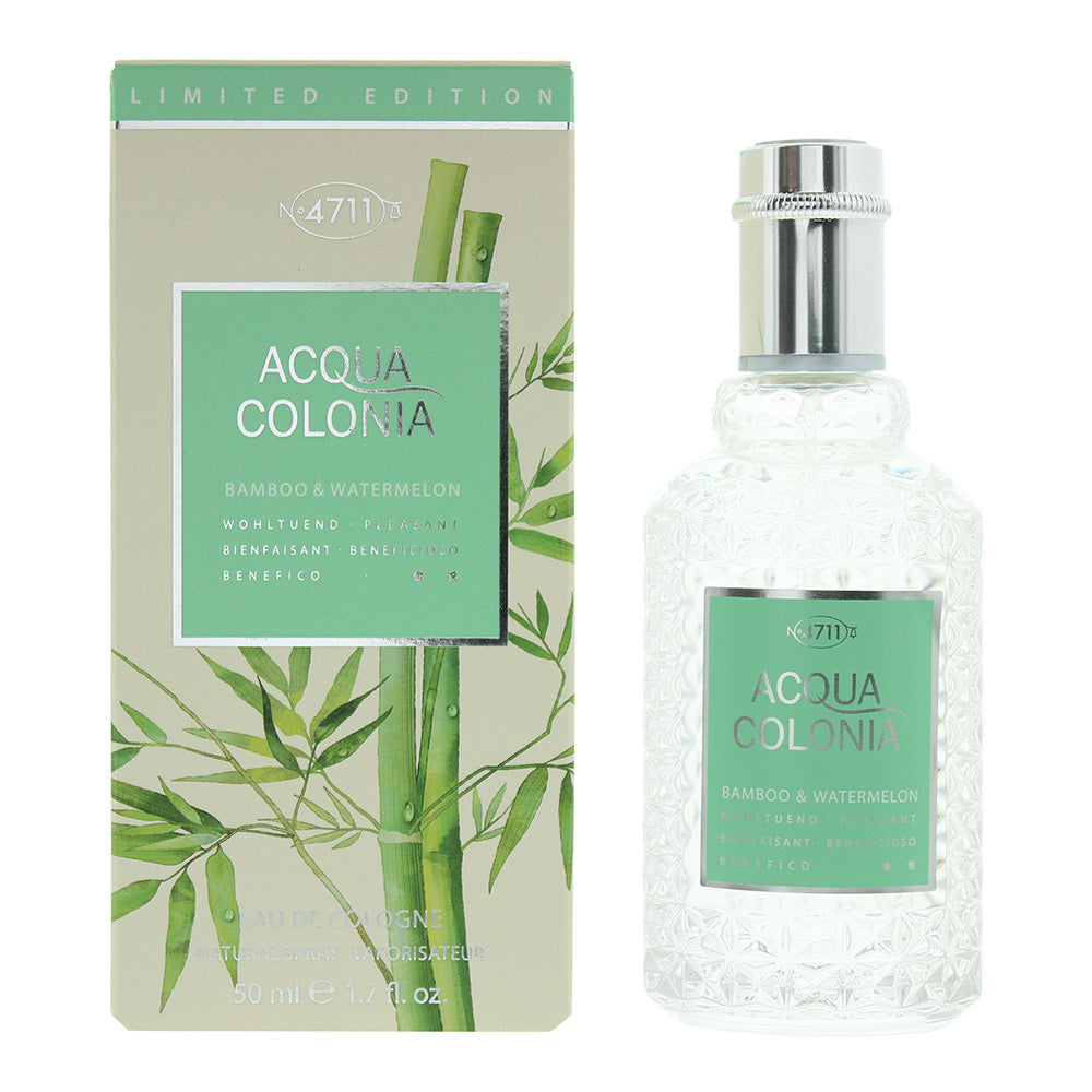 4711 Acqua Colonia Bamboo & Watermelon Eau de Cologne bottle with a refreshing design, showcasing its vibrant green and pink colors.