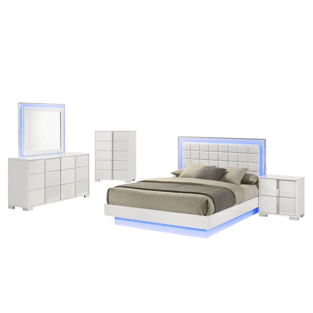 5-piece Eastern King size futuristic bedroom set featuring a floating platform bed with LED lighting, nightstand, dresser, mirror, and chest.