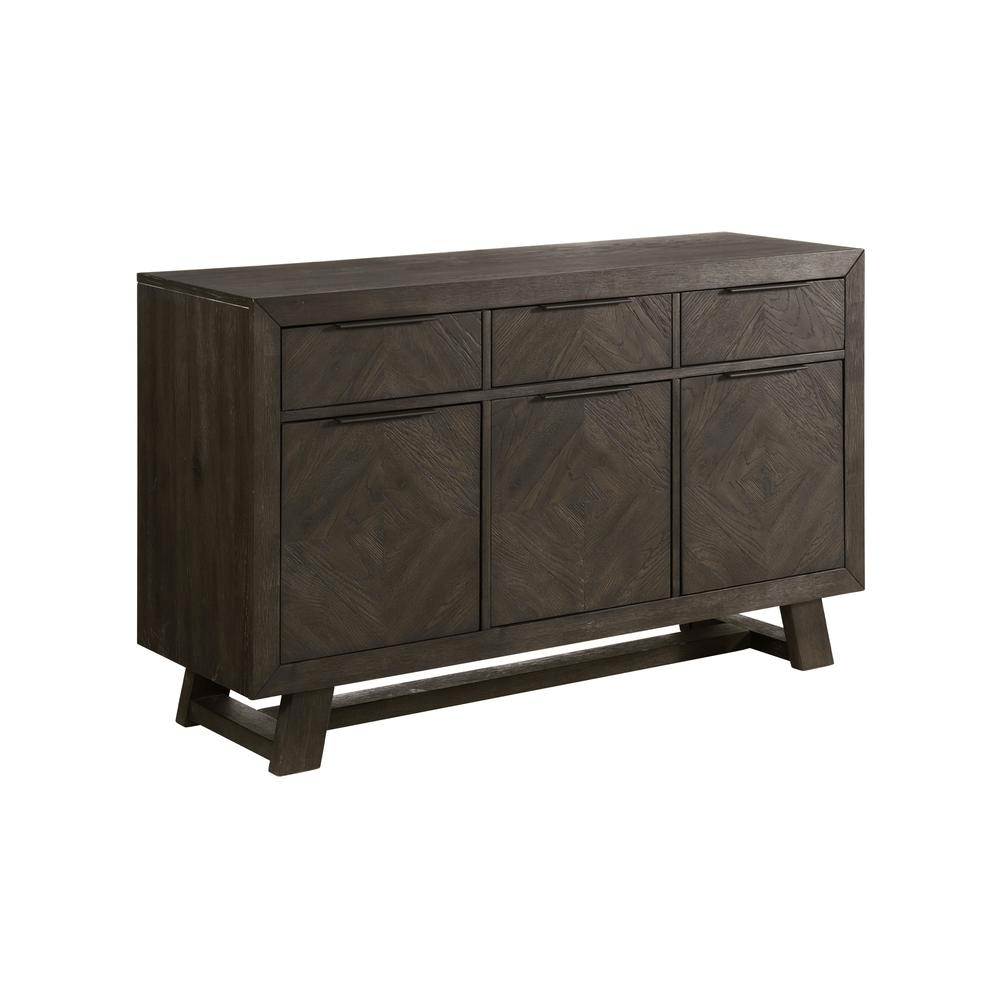 A stylish 56" server featuring a reclaimed chevron finish, showcasing a reverse diamond pattern, with three drawers and three doors for storage.