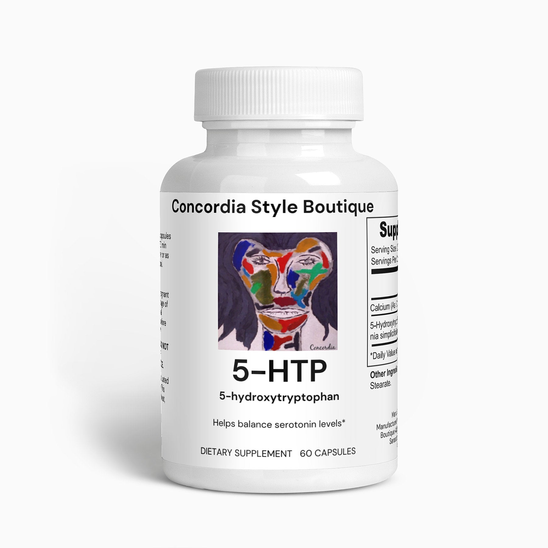 5-HTP supplement capsules with natural ingredients for mood and sleep support.