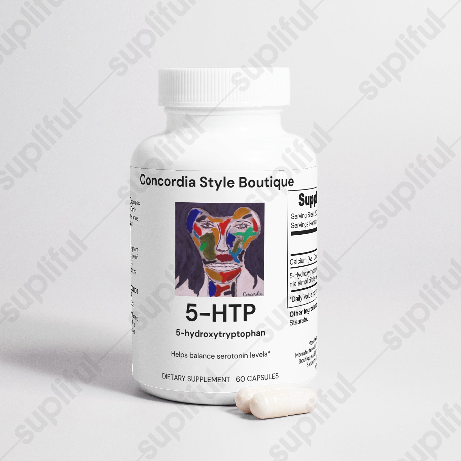 5-HTP supplement capsules with natural ingredients for mood and sleep support.