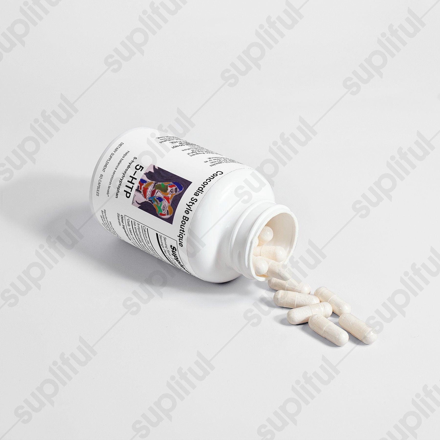 5-HTP supplement capsules with natural ingredients for mood and sleep support.