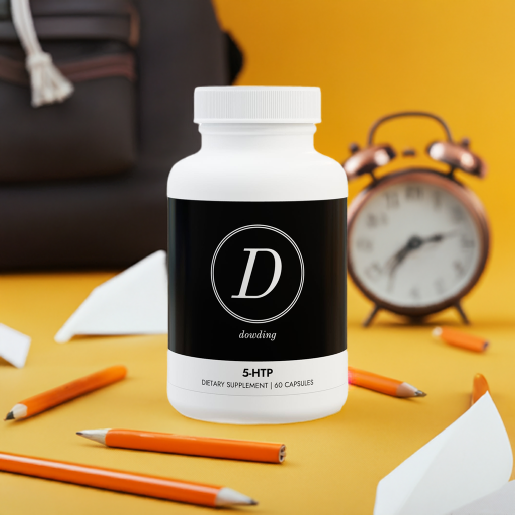 Bottle of 5-HTP Supplement containing 60 capsules, designed to support healthy sleep patterns and mood balance.