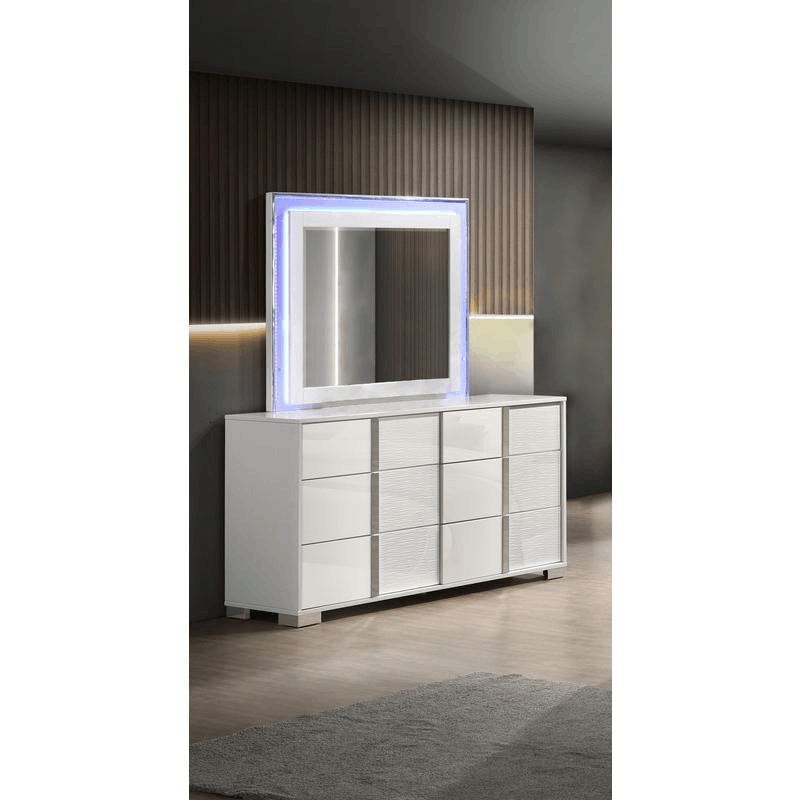 6 piece futuristic Eastern king size bedroom set featuring a floating platform bed with LED lighting, nightstands, dresser, mirror, and chest.