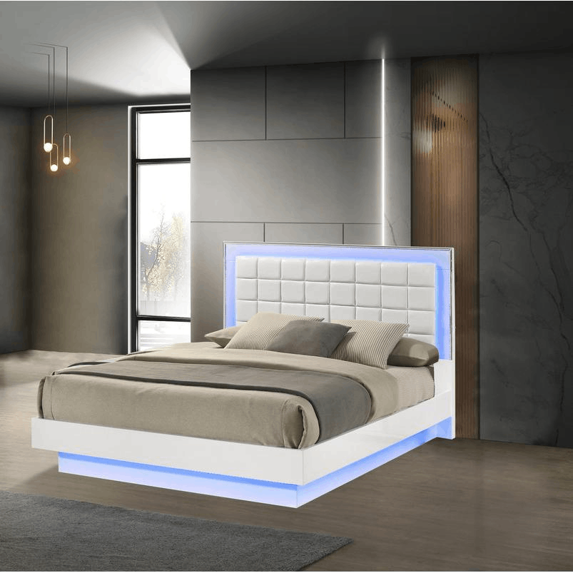 6 piece futuristic Eastern king size bedroom set featuring a floating platform bed with LED lighting, nightstands, dresser, mirror, and chest.