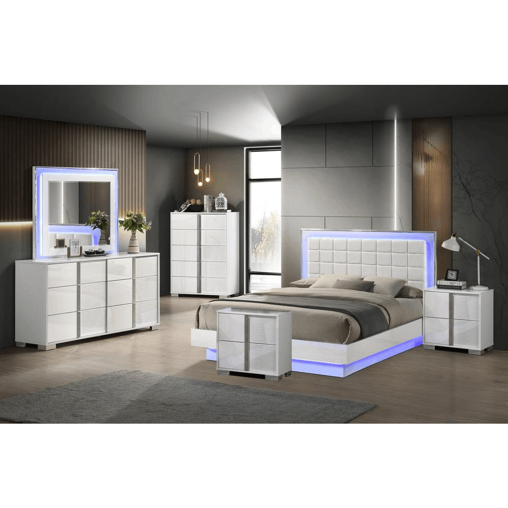 6 piece futuristic Eastern king size bedroom set featuring a floating platform bed with LED lighting, nightstands, dresser, mirror, and chest.
