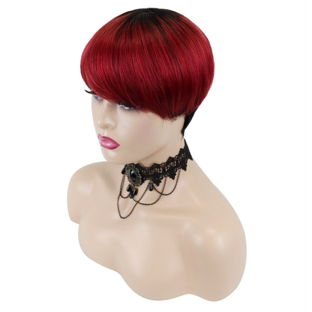 6inch burgundy pixie short cut human hair wig with bangs, showcasing a sleek and stylish design.