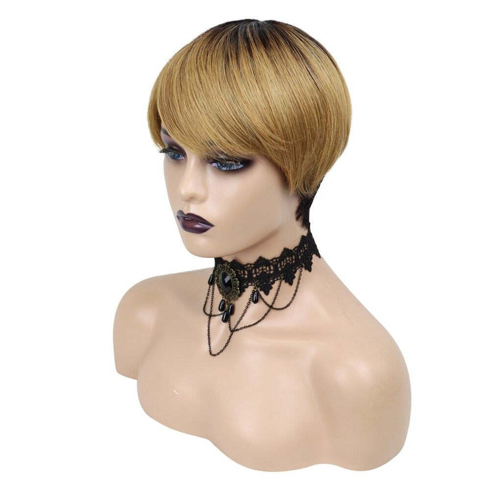 6inch burgundy pixie short cut human hair wig with bangs, showcasing a sleek and stylish design.