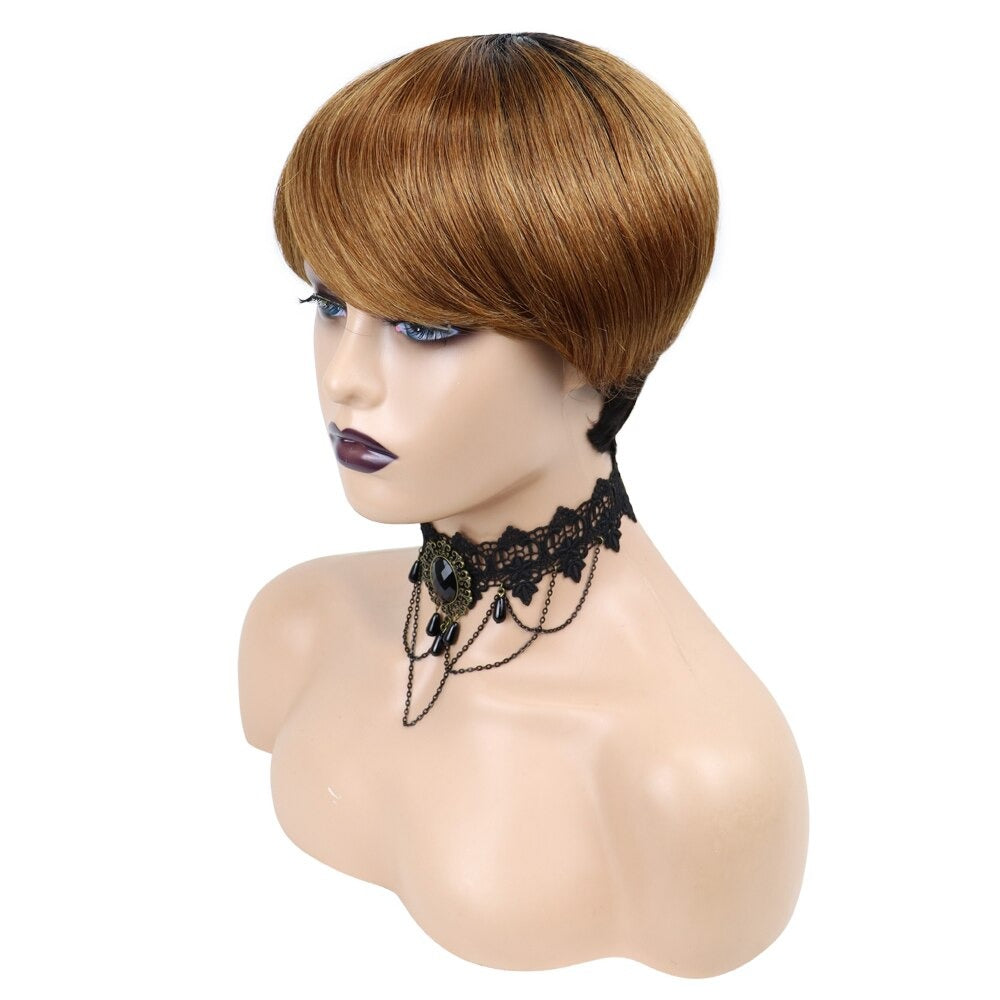 6inch burgundy pixie short cut human hair wig with bangs, showcasing a sleek and stylish design.