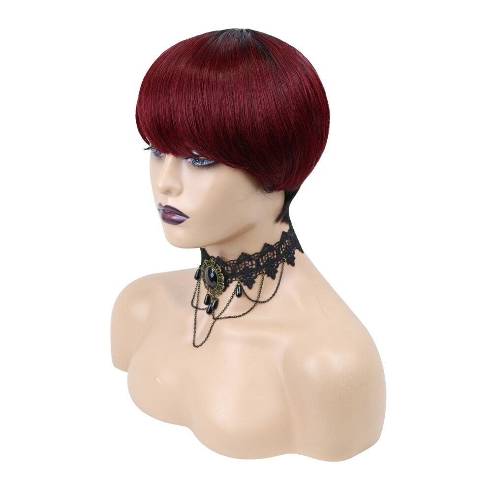 6inch burgundy pixie short cut human hair wig with bangs, showcasing a sleek and stylish design.