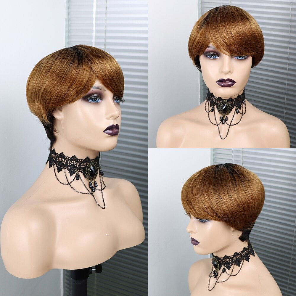 6inch burgundy pixie short cut human hair wig with bangs, showcasing a sleek and stylish design.