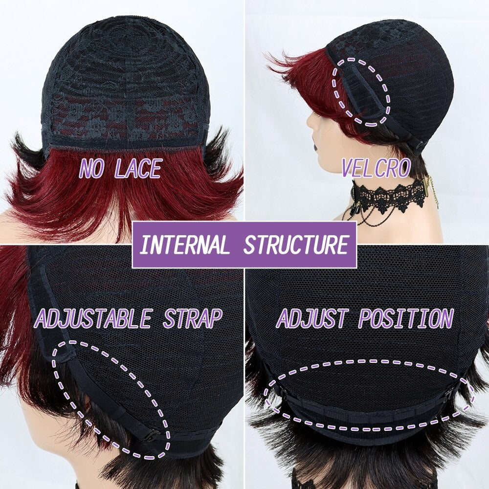 6inch burgundy pixie short cut human hair wig with bangs, showcasing a sleek and stylish design.