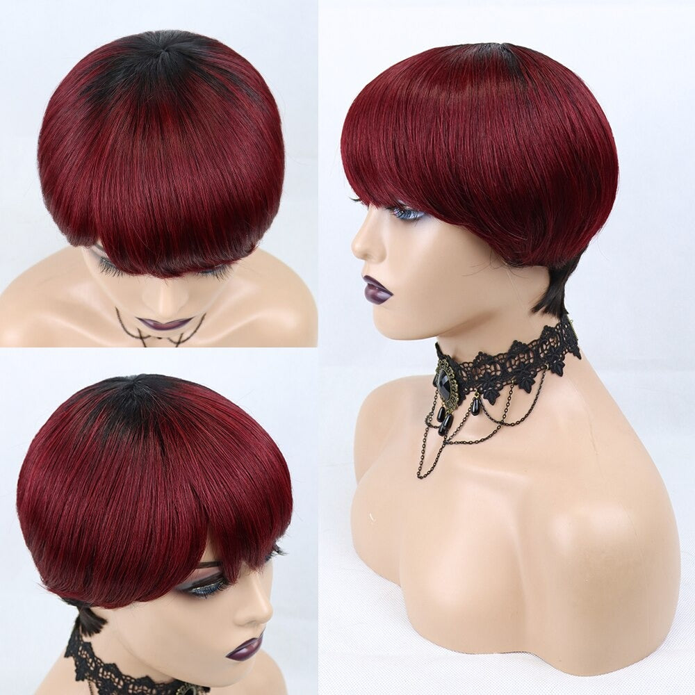 6inch burgundy pixie short cut human hair wig with bangs, showcasing a sleek and stylish design.