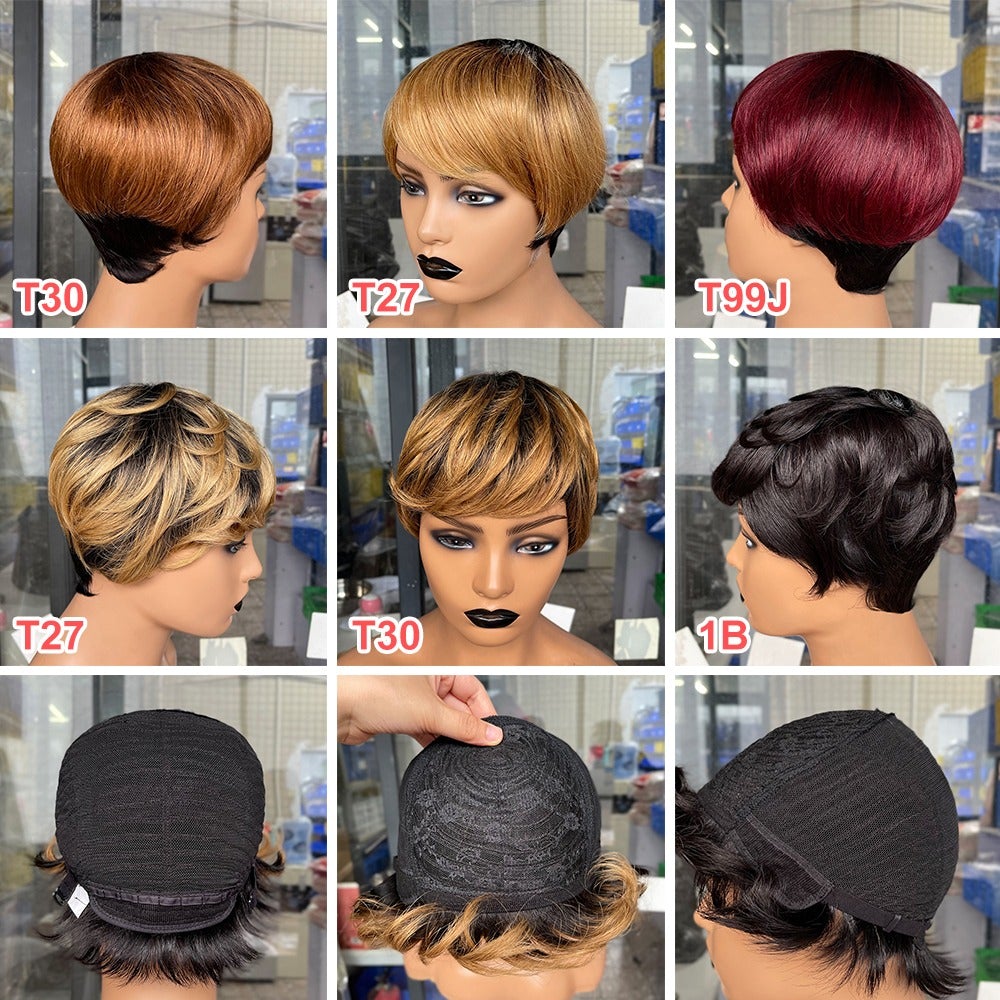 6inch burgundy pixie short cut human hair wig with bangs, showcasing a sleek and stylish design.