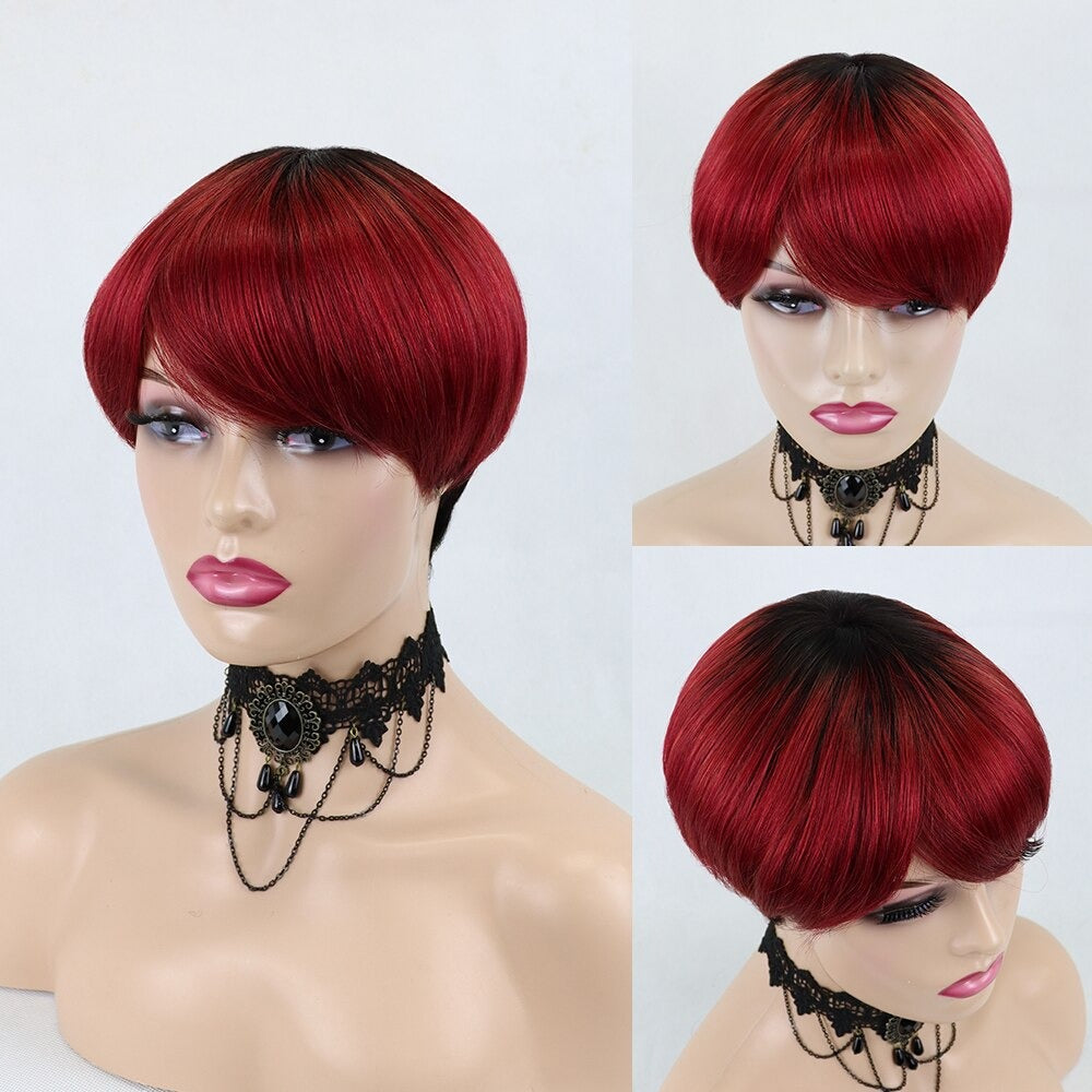 6inch burgundy pixie short cut human hair wig with bangs, showcasing a sleek and stylish design.