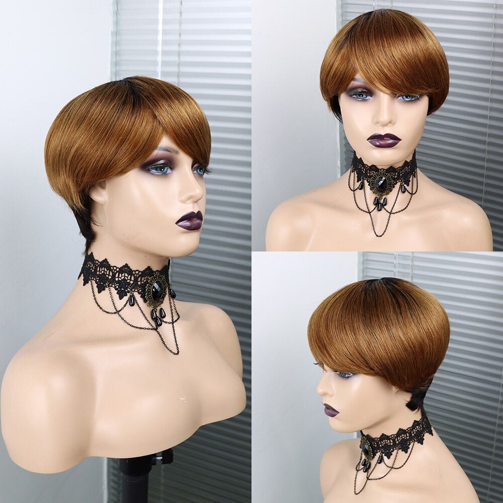 6inch burgundy pixie short cut human hair wig with bangs, showcasing a sleek and stylish design.