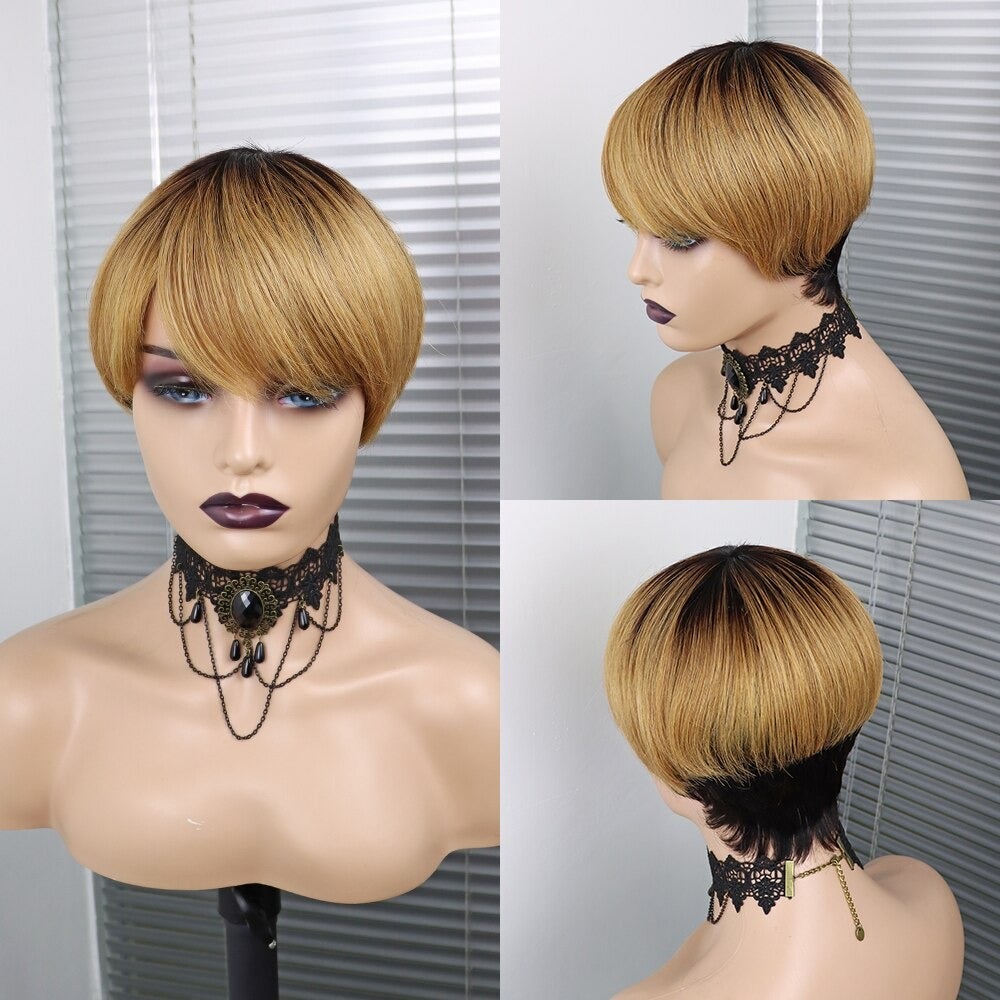 6inch burgundy pixie short cut human hair wig with bangs, showcasing a sleek and stylish design.
