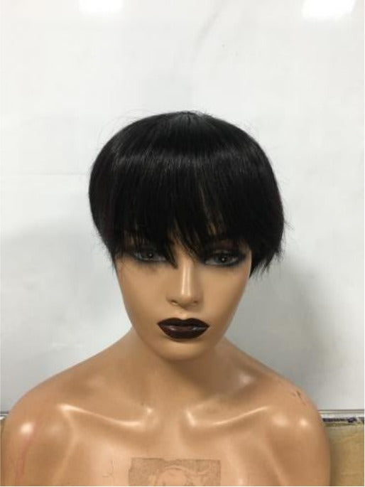 6inch burgundy pixie short cut human hair wig with bangs, showcasing a sleek and stylish design.
