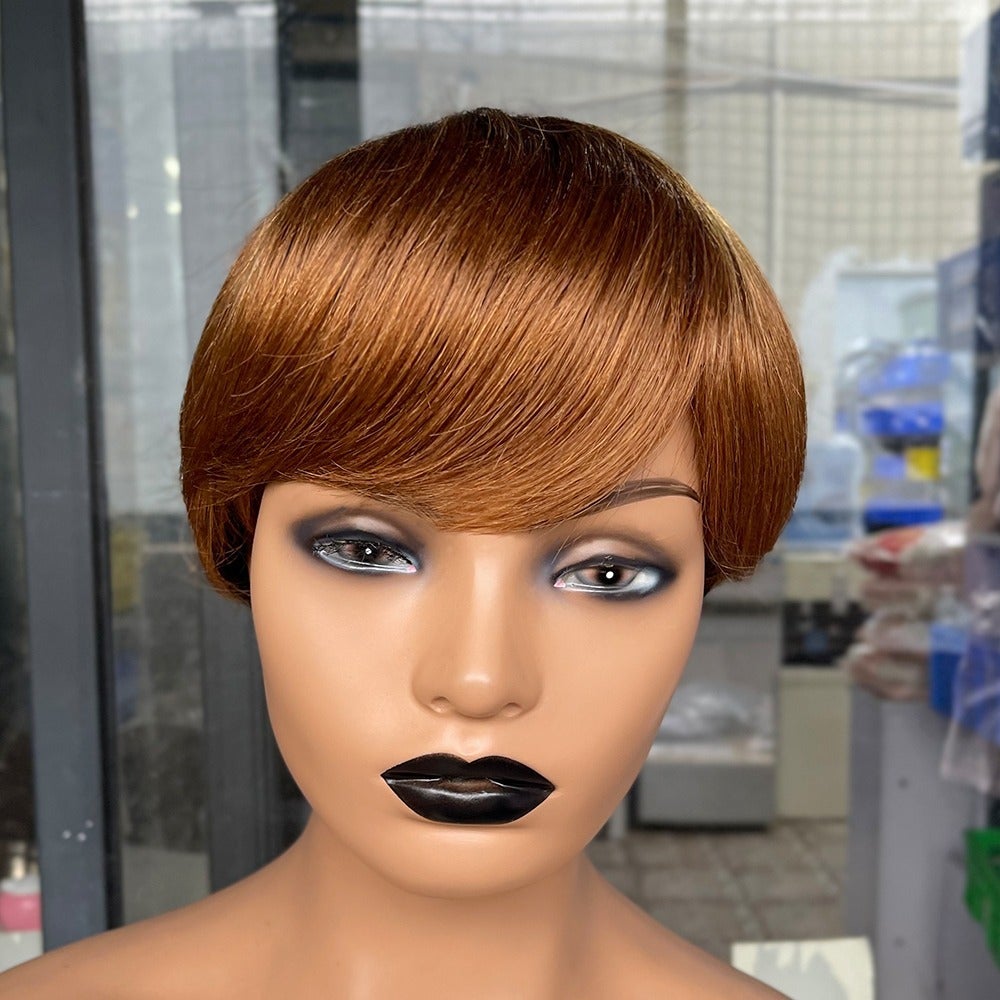 6inch burgundy pixie short cut human hair wig with bangs, showcasing a sleek and stylish design.