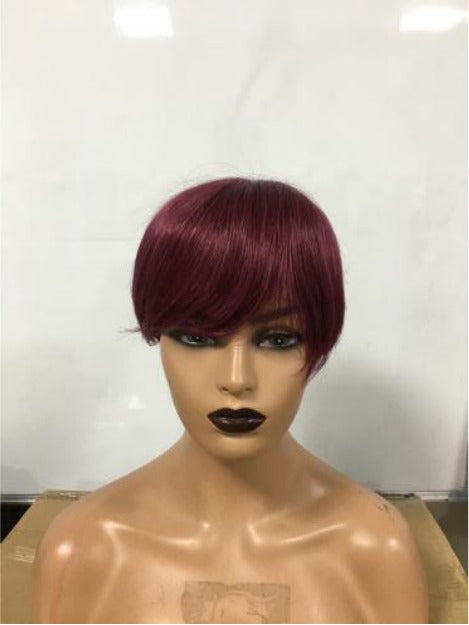 6inch burgundy pixie short cut human hair wig with bangs, showcasing a sleek and stylish design.