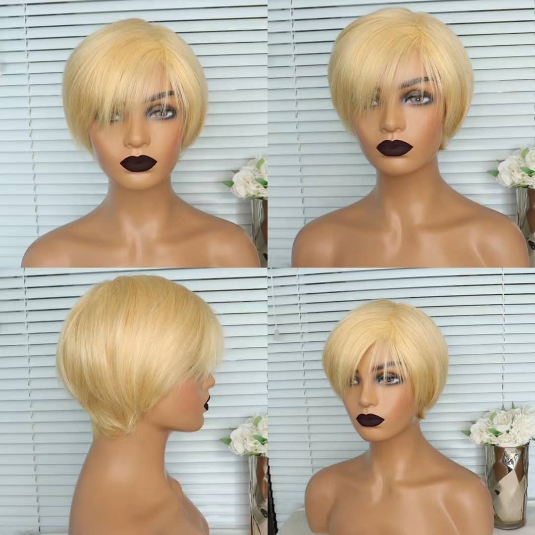 6inch burgundy pixie short cut human hair wig with bangs, showcasing a sleek and stylish design.
