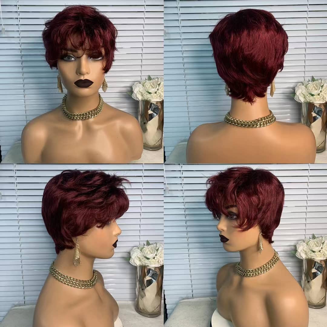 6inch burgundy pixie short cut human hair wig with bangs, showcasing a sleek and stylish design.