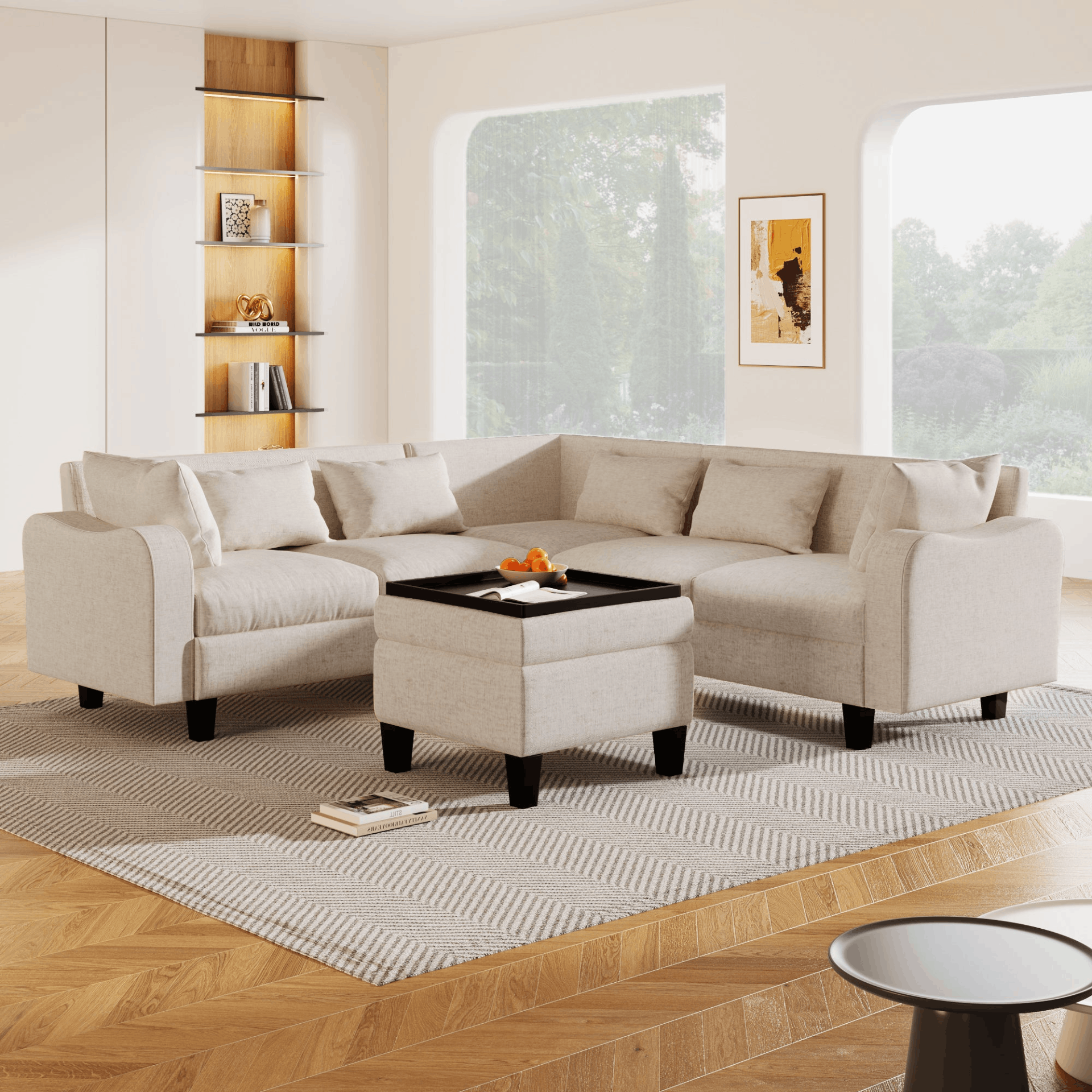 87-inch modern sectional sofa in beige linen with a coffee table and six plush pillows, showcasing a stylish and comfortable design.