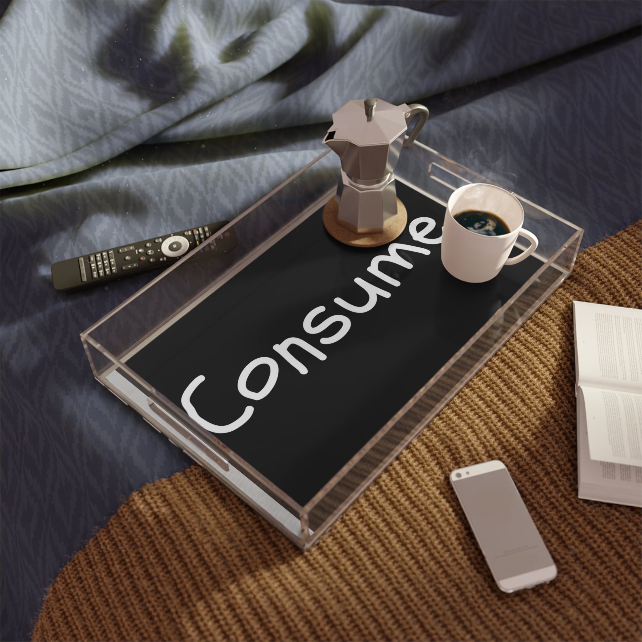 A stylish acrylic serving tray featuring a customizable laminated artwork insert, perfect for serving food and drinks.