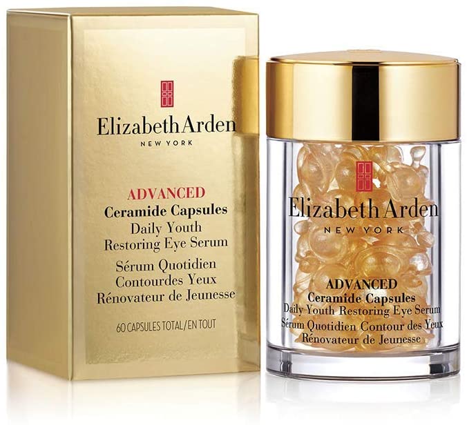 Elizabeth Arden Advanced Ceramide Capsules Daily Youth Restoring Eye Serum in a sleek, elegant packaging with 60 capsules for eye care.
