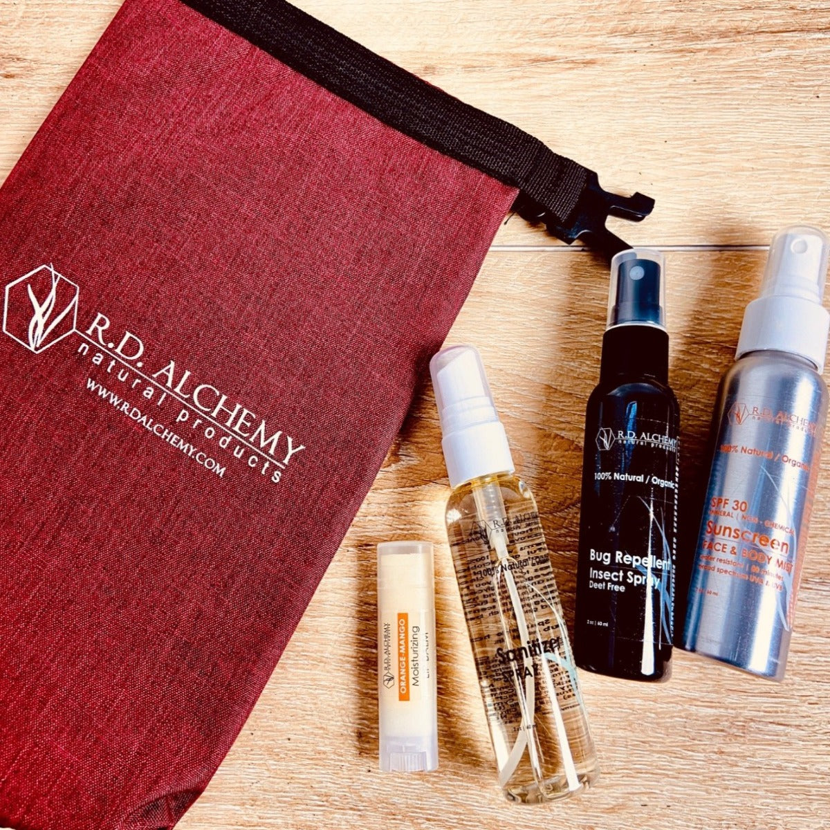 Adventure Bag containing essential outdoor protection and hydration products, designed for outdoor enthusiasts.