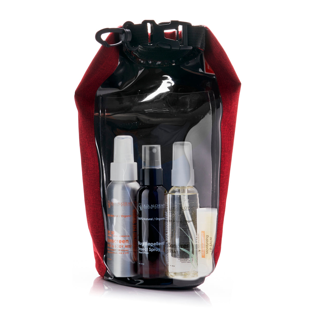 Adventure Bag containing essential outdoor protection and hydration products, designed for outdoor enthusiasts.