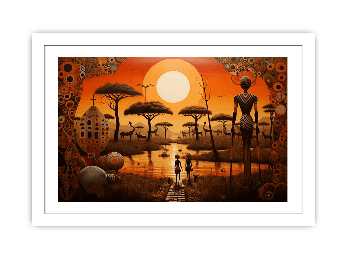 A vibrant Africa Art print framed in black wood, showcasing stunning colors and intricate details.