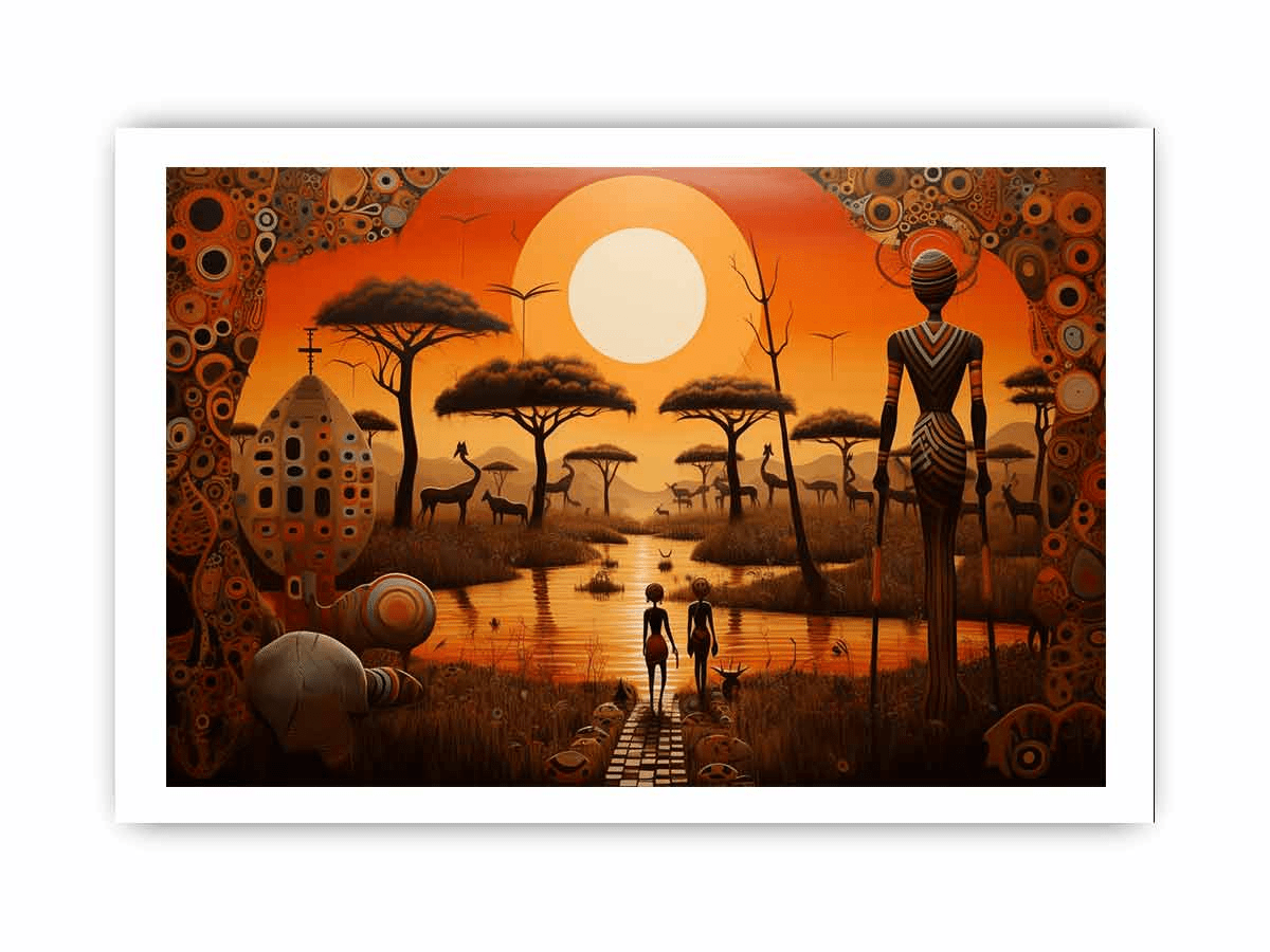 A vibrant Africa Art print framed in black wood, showcasing stunning colors and intricate details.