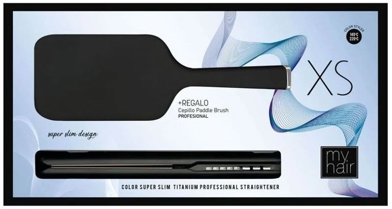 AGV Hair MyHair Set XS Straightener in Matte Black with Black Paddle Brush, showcasing sleek design and functionality.