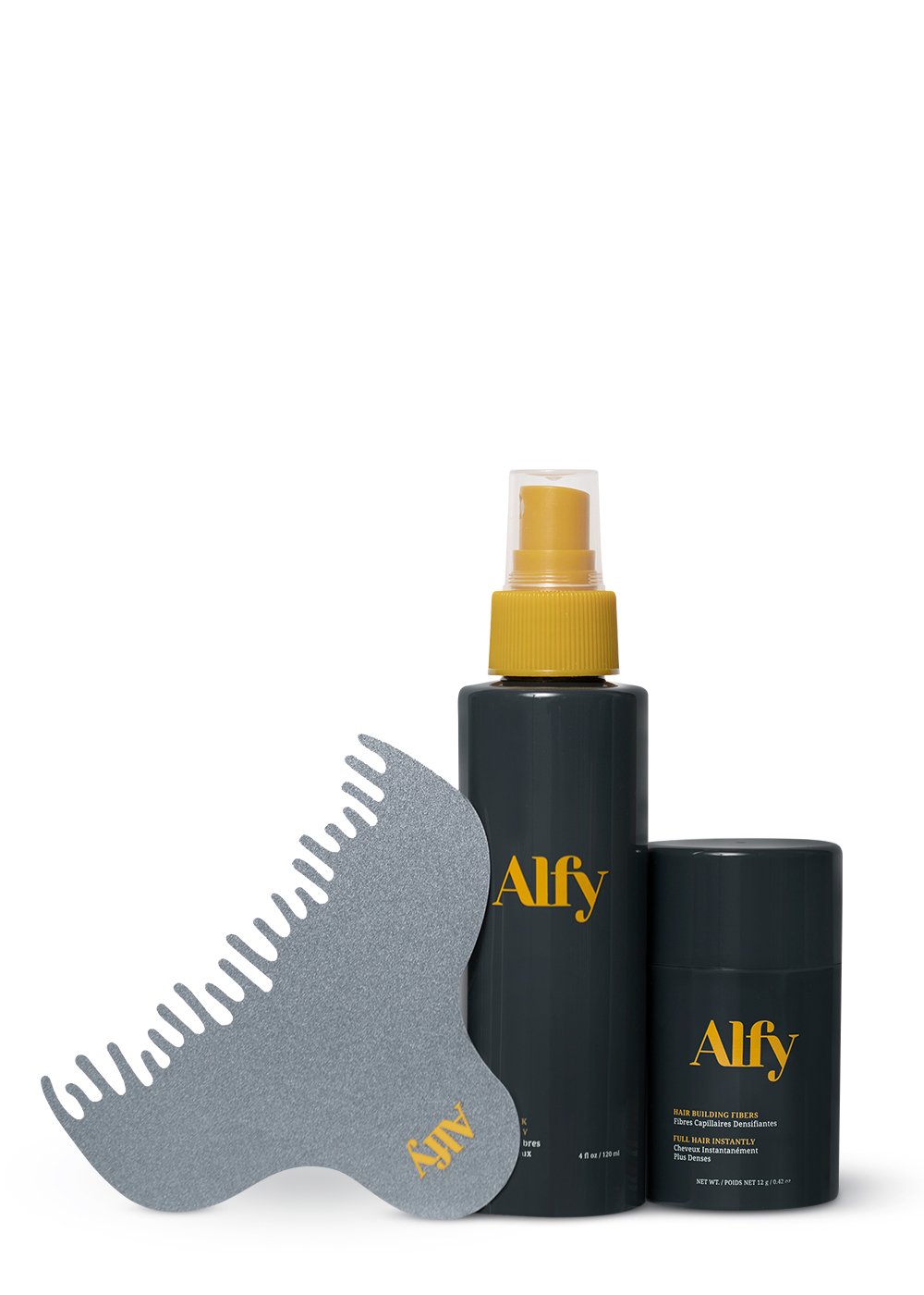Alfy 12g Starter Kit featuring hair building fibers, fiber lock spray, and hairline optimizer for fuller hair.