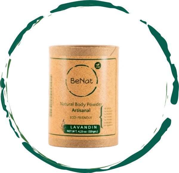 Eco-friendly All-Natural Body Powder in a cardboard tube with a recyclable sifter, showcasing its natural ingredients.