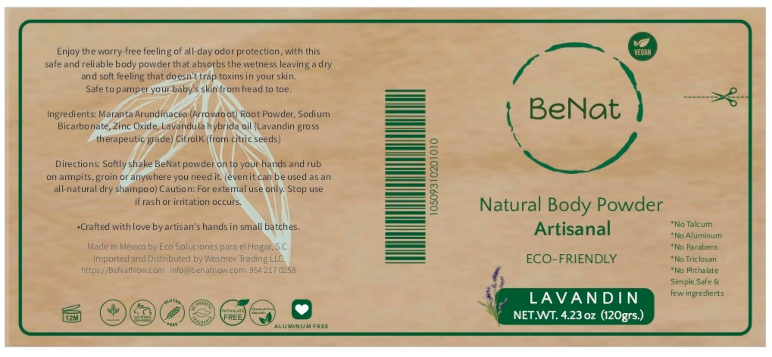 Eco-friendly All-Natural Body Powder in a cardboard tube with a recyclable sifter, showcasing its natural ingredients.