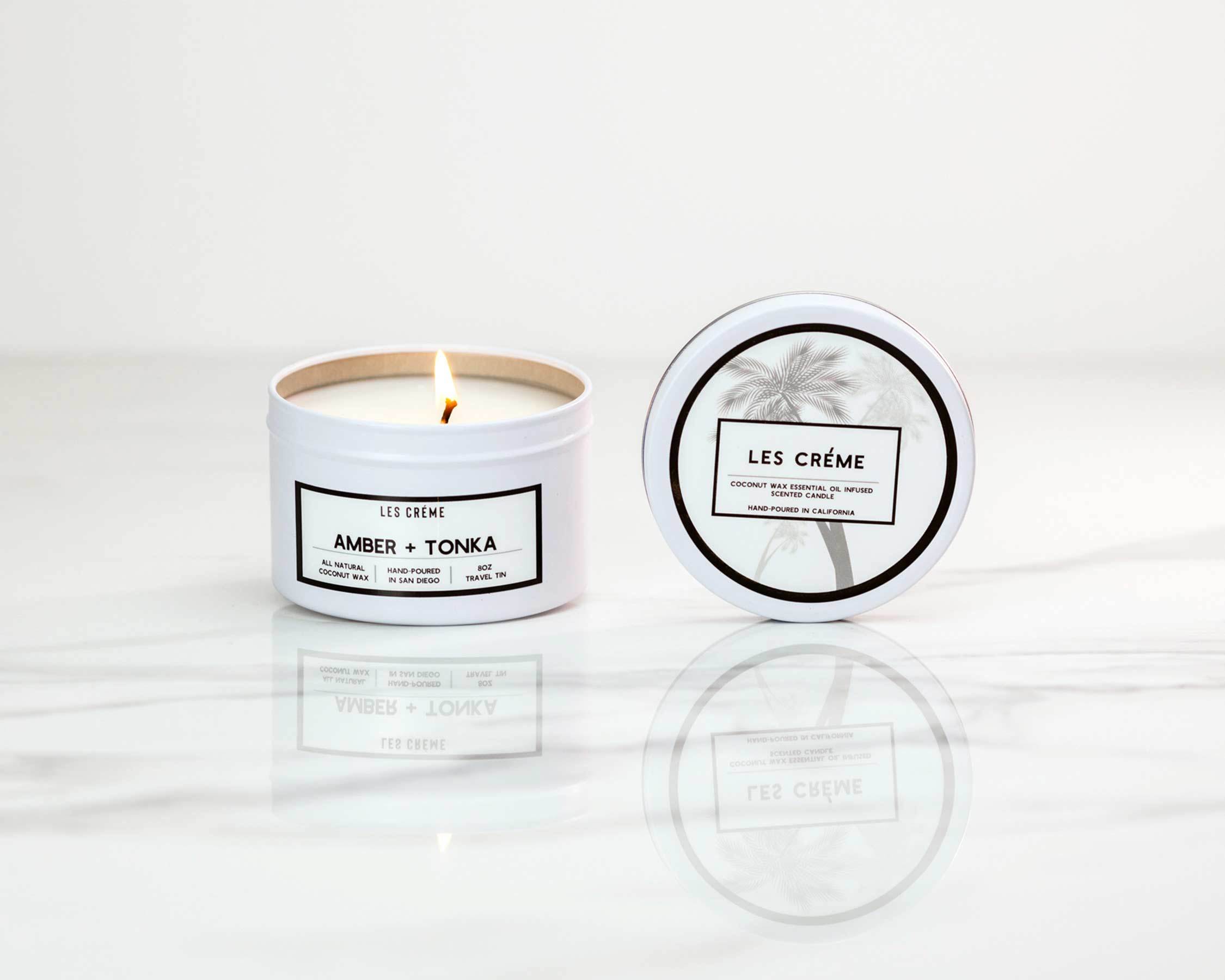 Amber + Tonka Scent Coconut Wax Candle in a stylish glass jar, showcasing its elegant design and natural wax composition.
