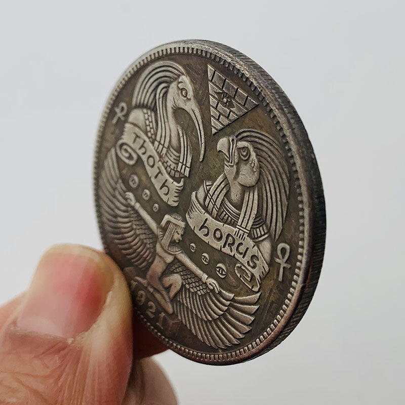 American Eagle/Toth/Horus Pyramid Brass Novelty Coin showcasing intricate Egyptian designs and vintage brass finish.