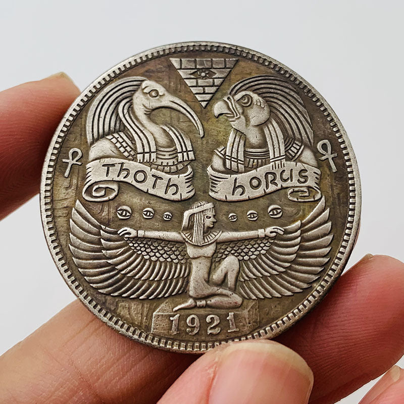 American Eagle/Toth/Horus Pyramid Brass Novelty Coin showcasing intricate Egyptian designs and vintage brass finish.