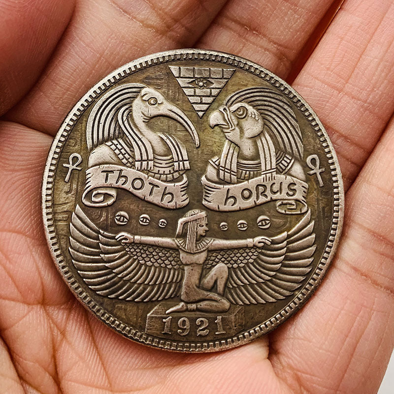American Eagle/Toth/Horus Pyramid Brass Novelty Coin showcasing intricate Egyptian designs and vintage brass finish.