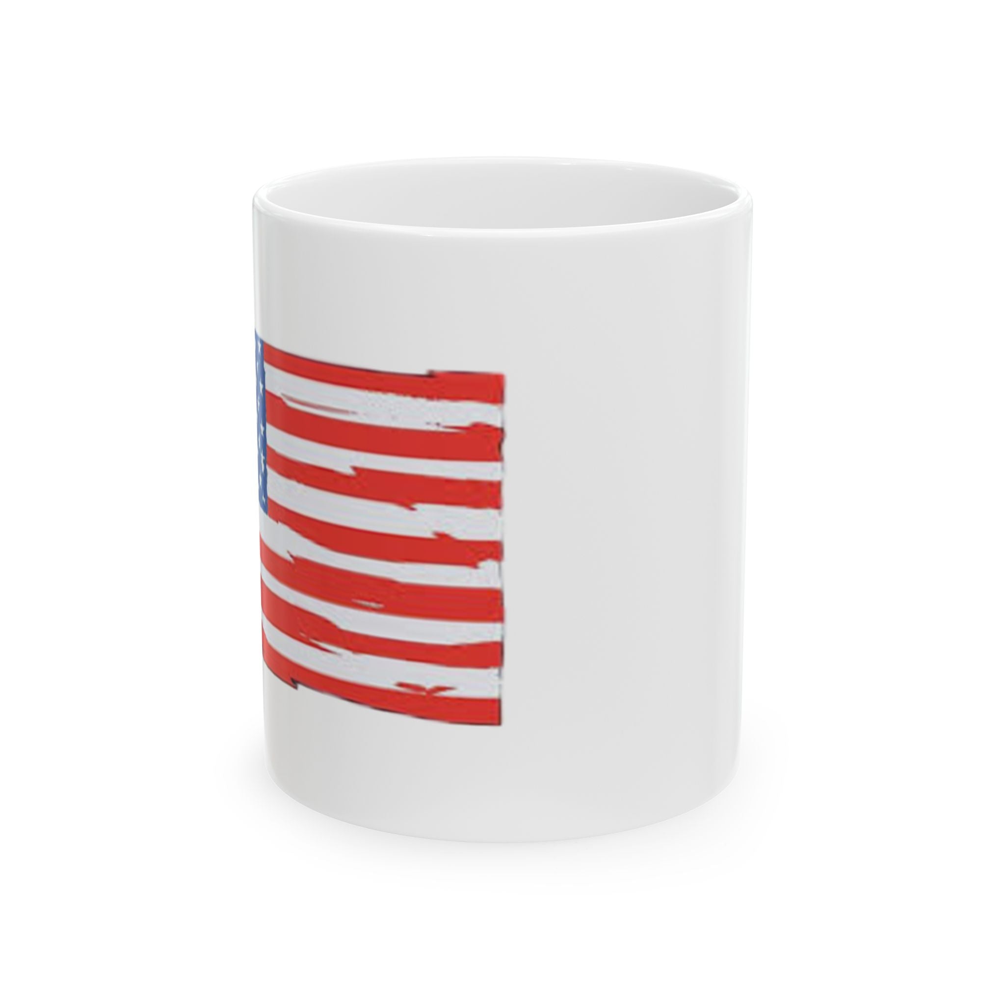 American Flag Ceramic Mug showcasing a bold design, available in 11oz and 15oz sizes, perfect for coffee and tea lovers.
