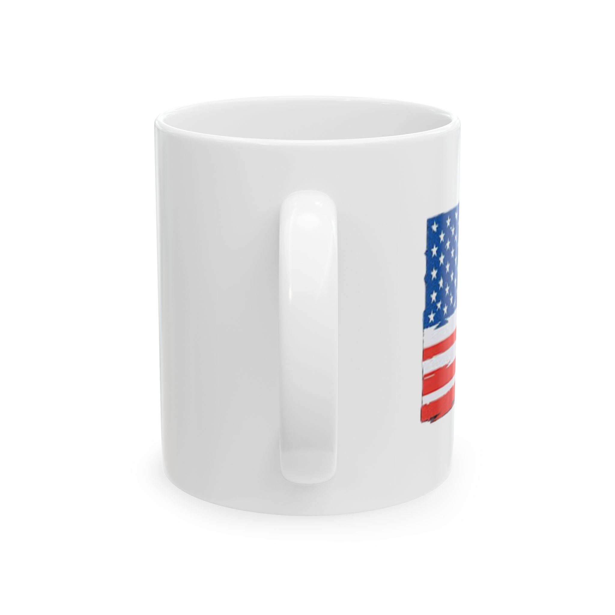 American Flag Ceramic Mug showcasing a bold design, available in 11oz and 15oz sizes, perfect for coffee and tea lovers.