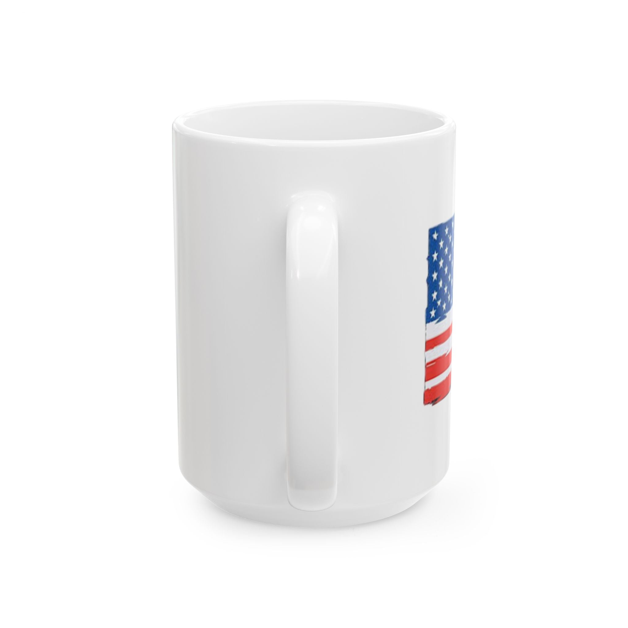 American Flag Ceramic Mug showcasing a bold design, available in 11oz and 15oz sizes, perfect for coffee and tea lovers.