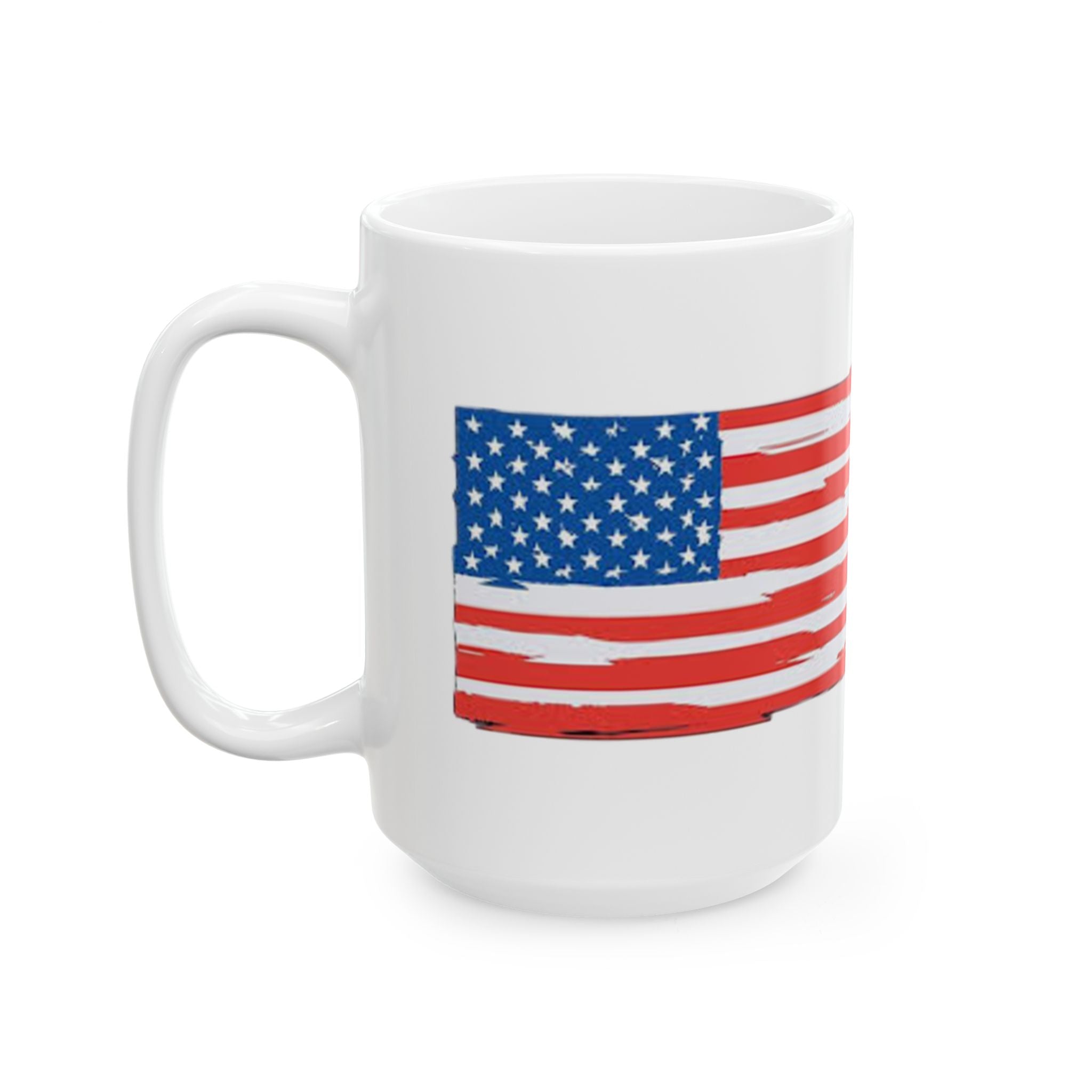 American Flag Ceramic Mug showcasing a bold design, available in 11oz and 15oz sizes, perfect for coffee and tea lovers.