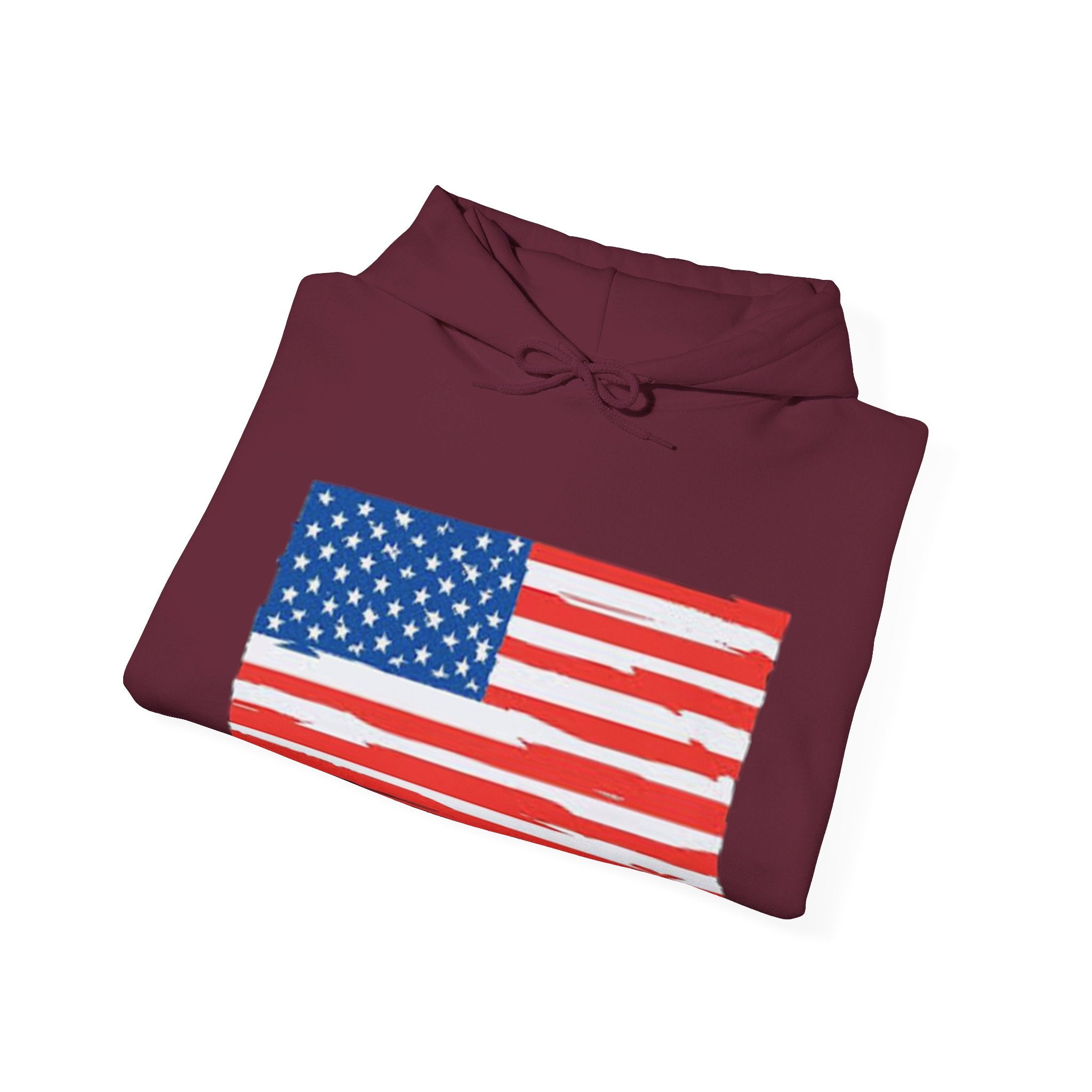A cozy American Flag Hoodie featuring a bold flag design, spacious kangaroo pocket, and color-matched drawstring, perfect for showcasing patriotism.