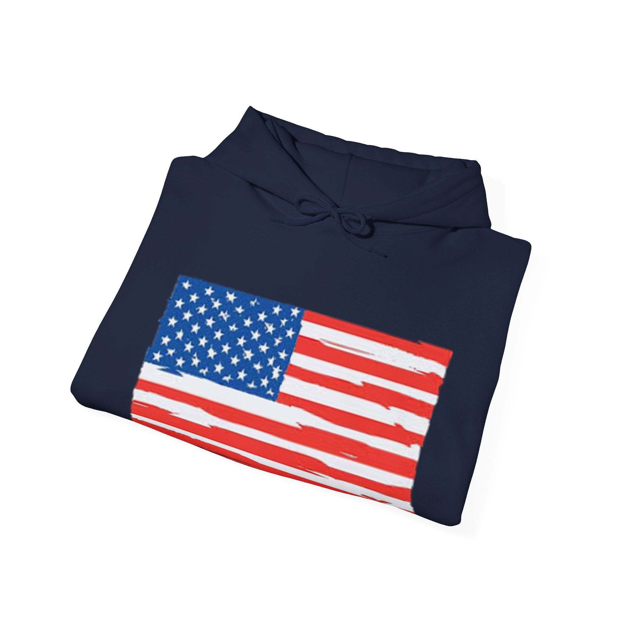 A cozy American Flag Hoodie featuring a bold flag design, spacious kangaroo pocket, and color-matched drawstring, perfect for showcasing patriotism.