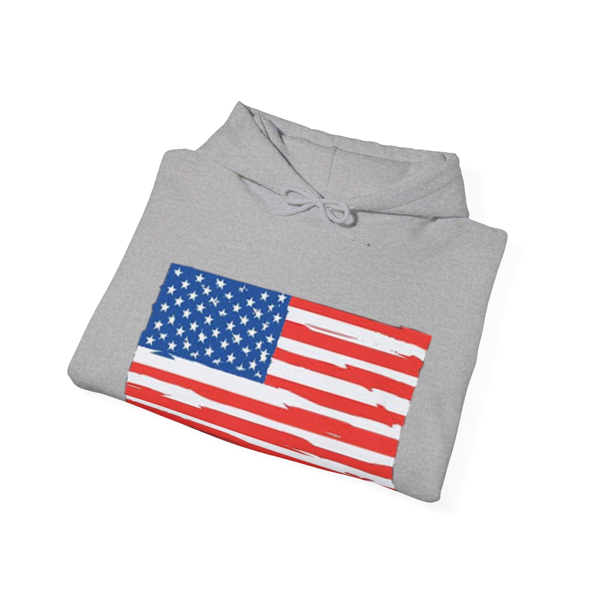 A cozy American Flag Hoodie featuring a bold flag design, spacious kangaroo pocket, and color-matched drawstring, perfect for showcasing patriotism.